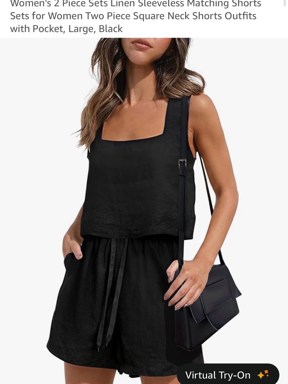 Women's Linen Square Neck Black Shorts Set